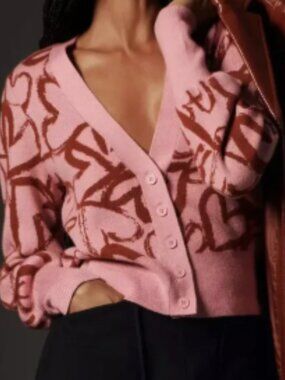 Maeve Pink and Red Heart Cardigan Sweater